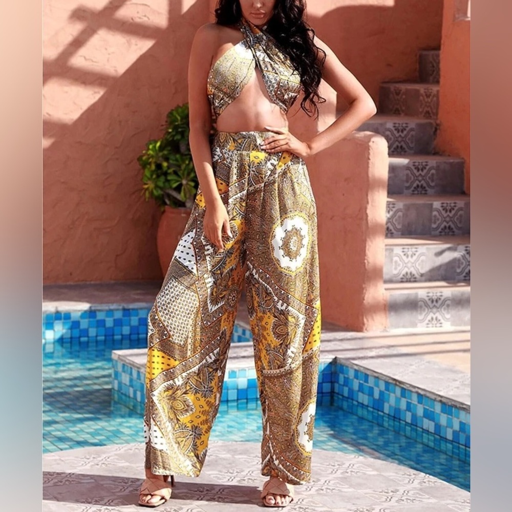 Scarf Print Halter Top & Wide Leg Pants Set, Size Small